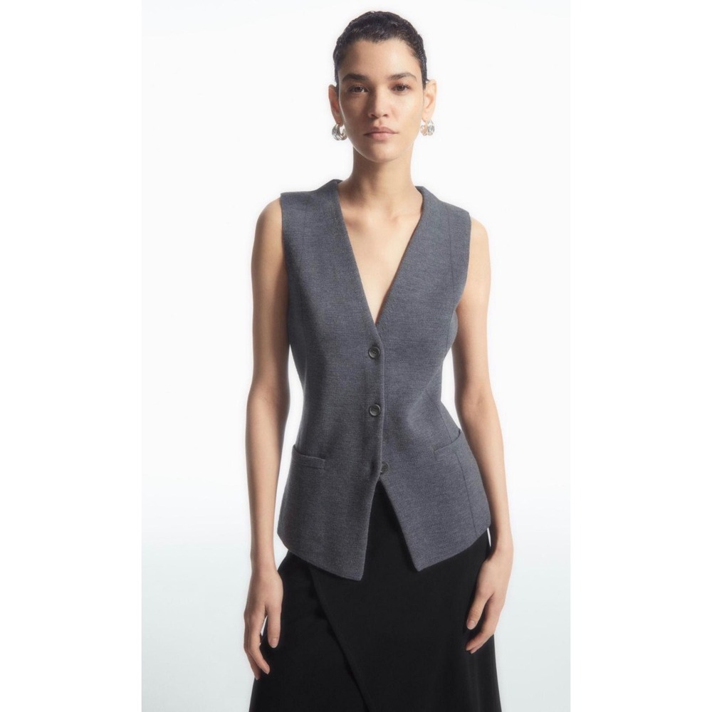 COS Longline Knitted 100% Wool Vest Gray Waistcoat Large V-Neck Button Granny